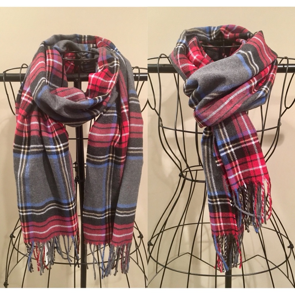 Gray, blue, red plaid oblong scarf